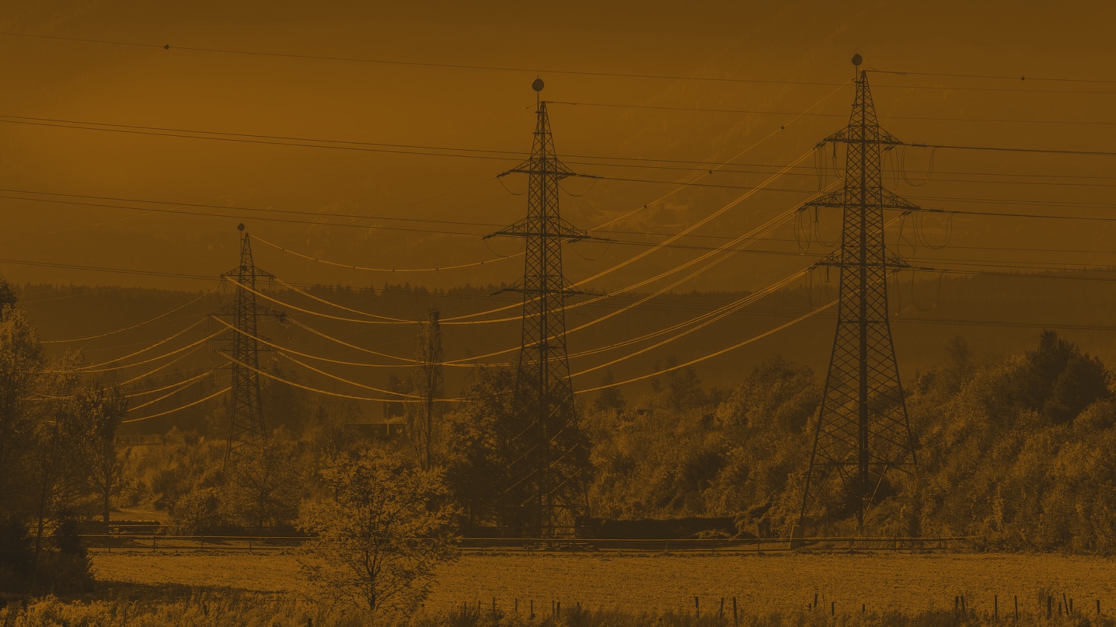 Ochre and black duotone photo of three high-voltage electricity pylons with sagging cables over trees and a field in an Alpine valley.