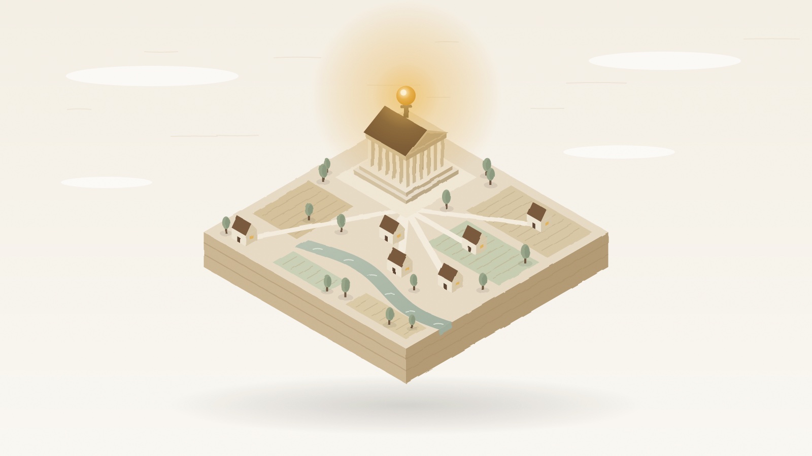 Isometric farmland island where paths from scattered farmhouses all lead to a columned temple topped by a glowing gold lamp, under a pale sky