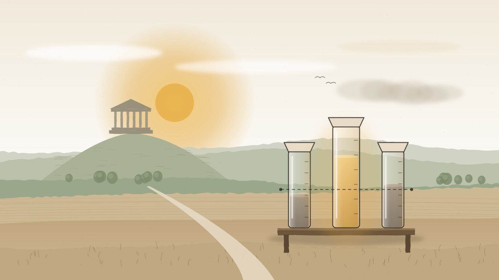 Three glass rain gauges on a bench in a calm field, the middle one glowing gold above a marked line, with a columned temple on a far hill.