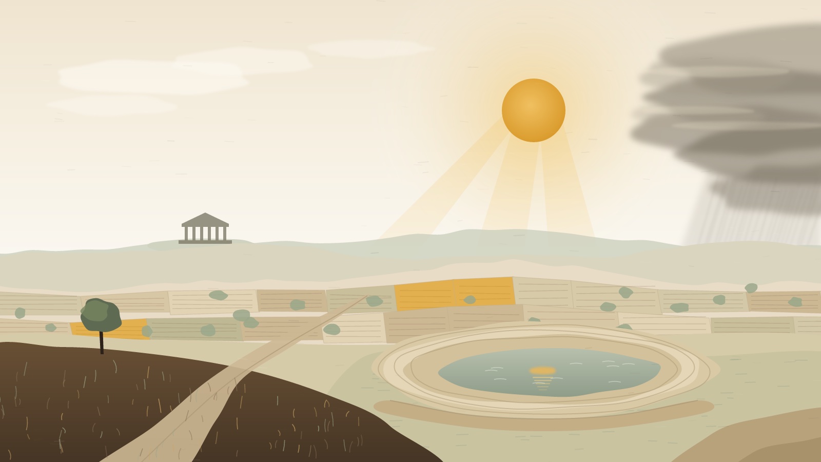 Gouache landscape: golden sun lights a few fields, a storm bank gathers at right, and a reservoir sits far below its old waterlines near a distant temple.