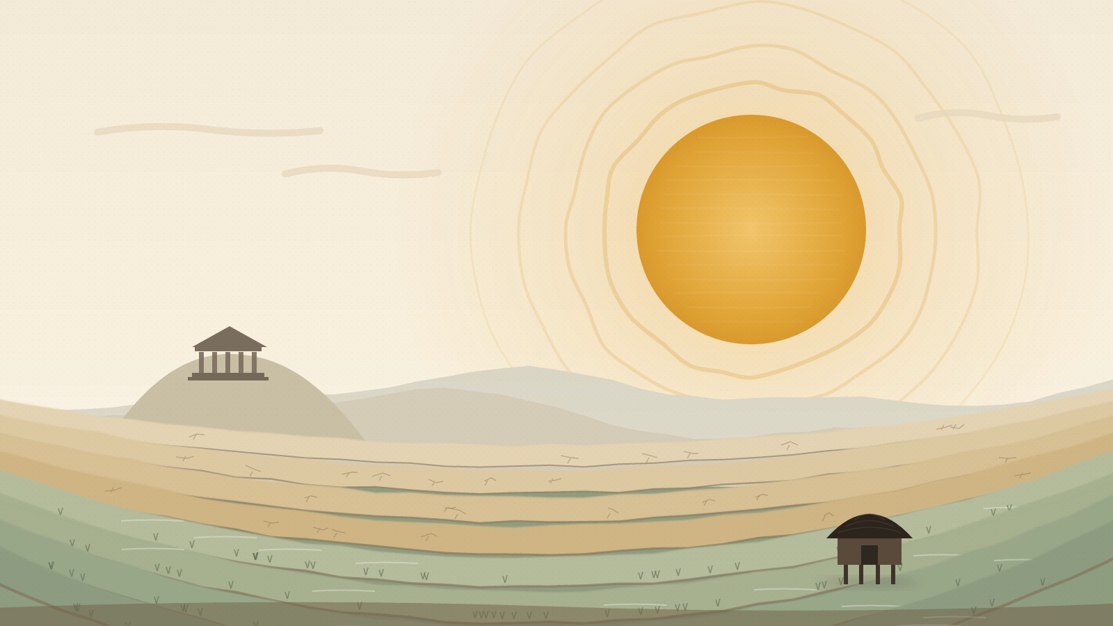 Painted rice terraces under a huge hazy sun, upper steps cracked and dry, lower paddies still wet, a columned temple on a distant hill and a granary nearby
