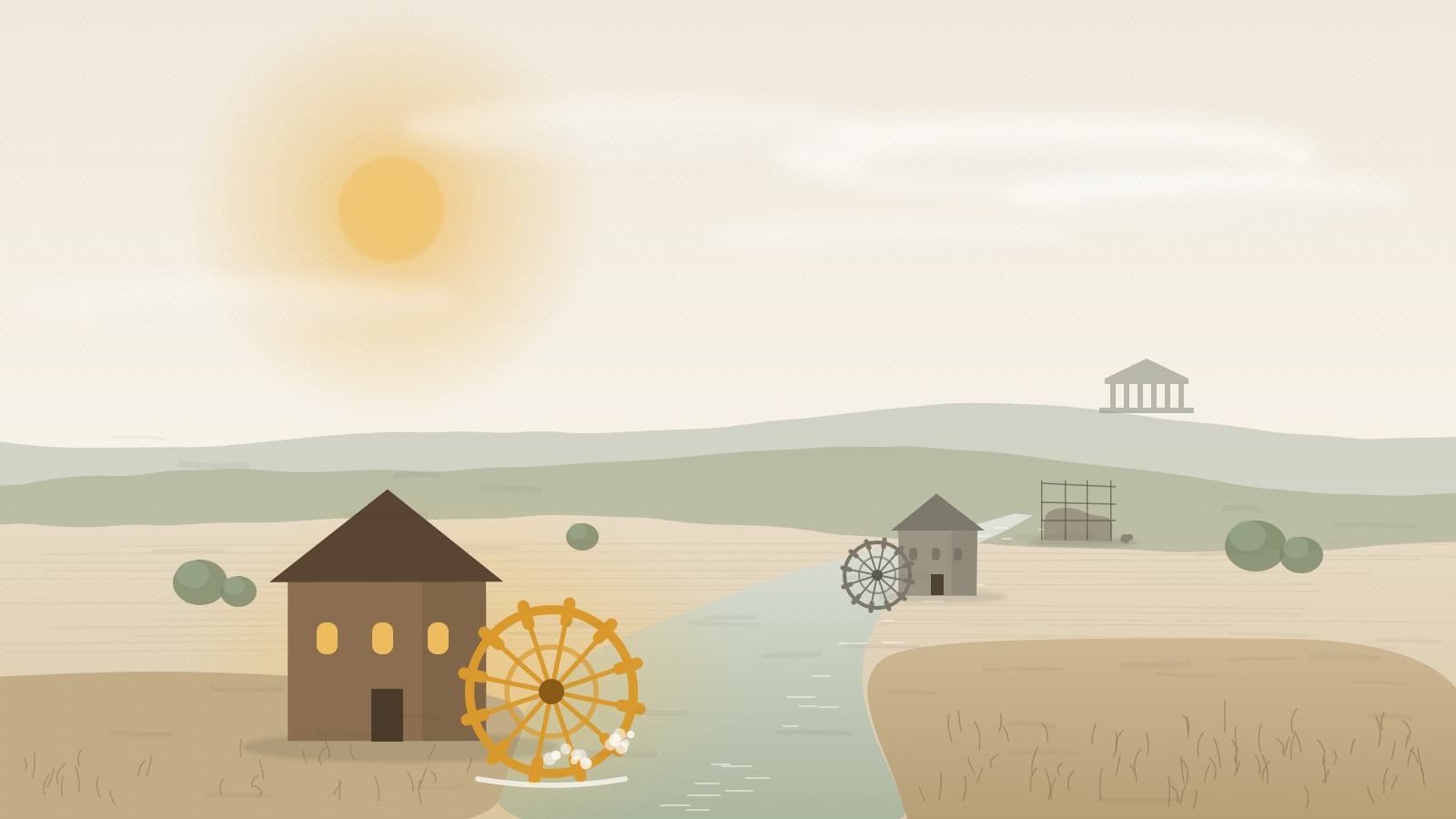 Painted river valley with one golden water mill turning in the foreground, an idle mill upstream and a half-built mill beyond, under a soft hazy sun.