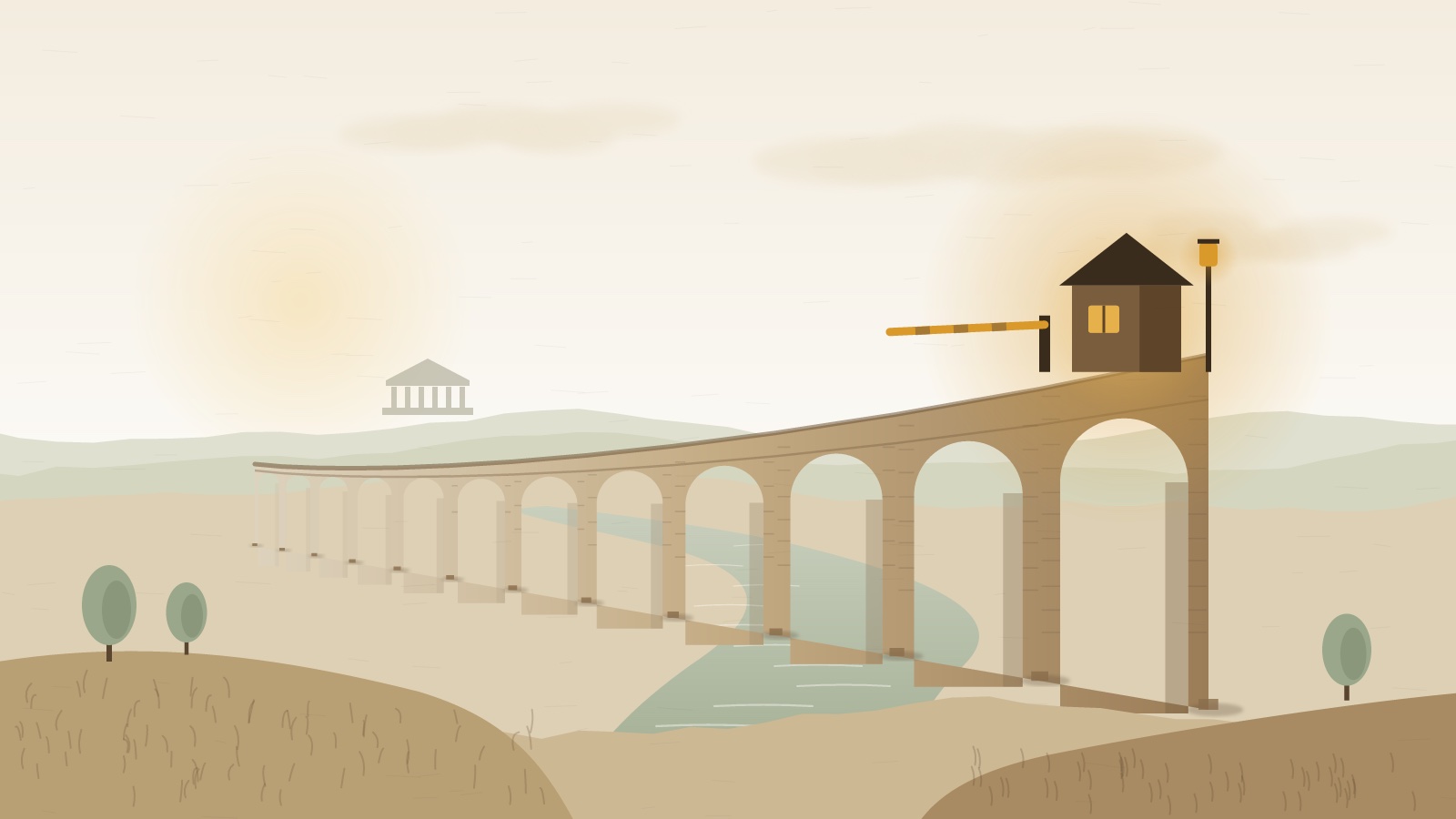 Stone viaduct with arches growing larger across a river valley, ending at a small tollhouse with a glowing gold lamp and barrier