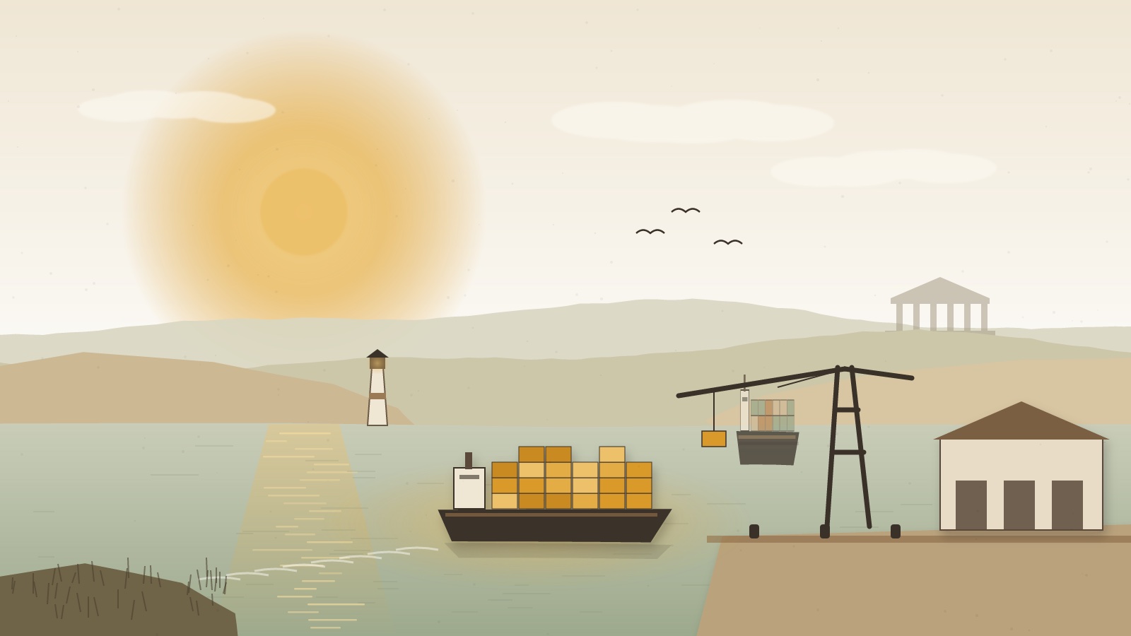 Painterly harbour at sunrise: a cargo ship loaded with gold crates comes in past a lighthouse, a crane and warehouse wait, a pale temple stands on a far hill.
