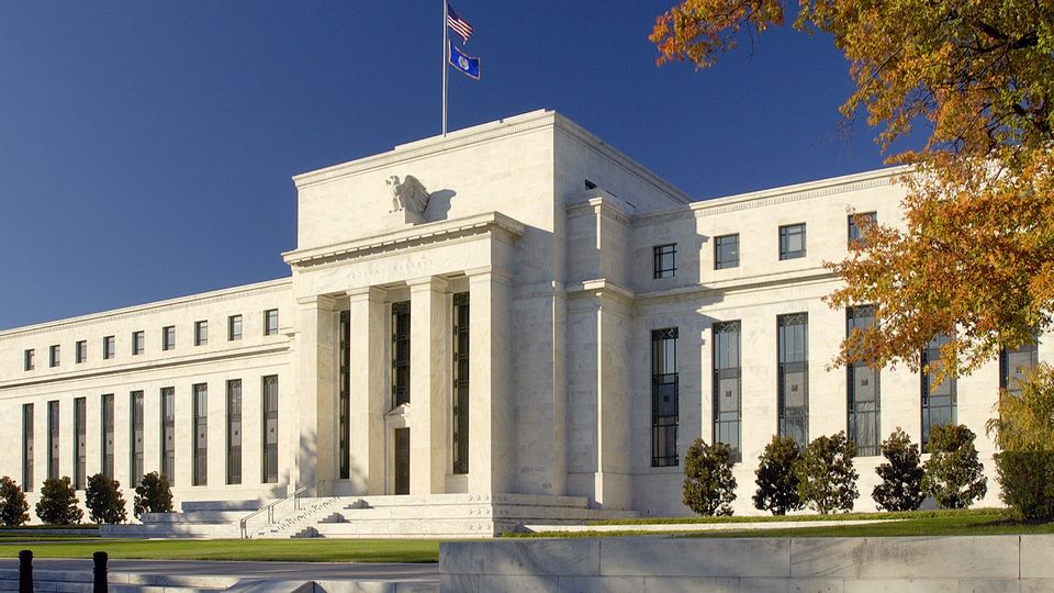 The Federal Reserve's Eccles Building in Washington, D.C., seen from the street in autumn