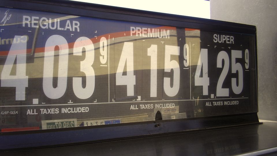 Gas station sign showing prices for regular, premium and super gasoline