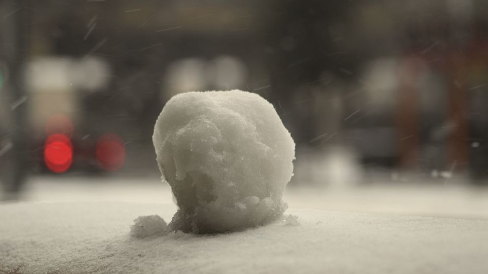 A snowball resting on snowy ground