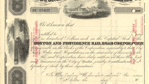 An engraved nineteenth-century railroad share certificate